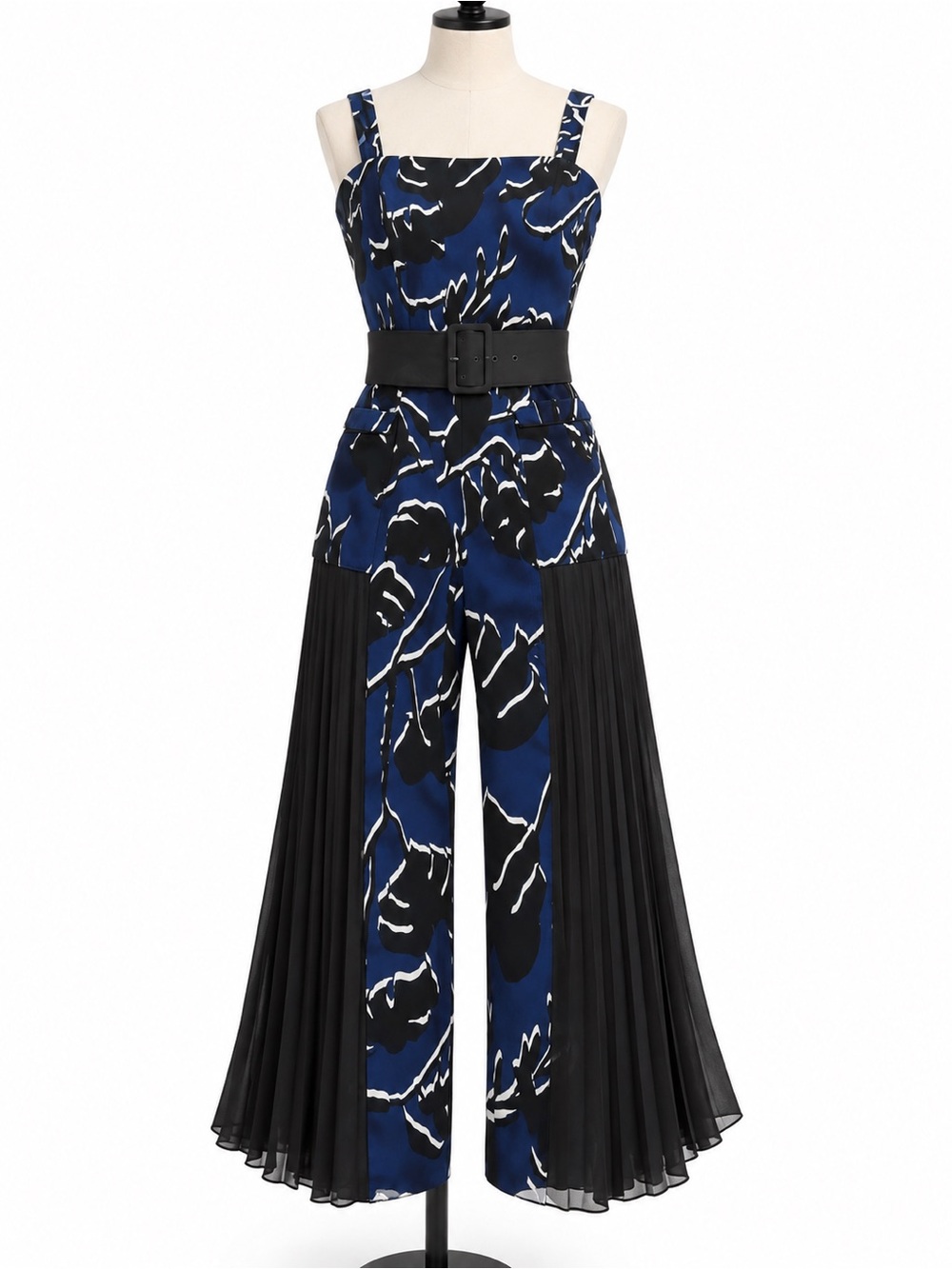 Blue & Black Printed Wide-Leg Pleated Jumpsuit with Belt